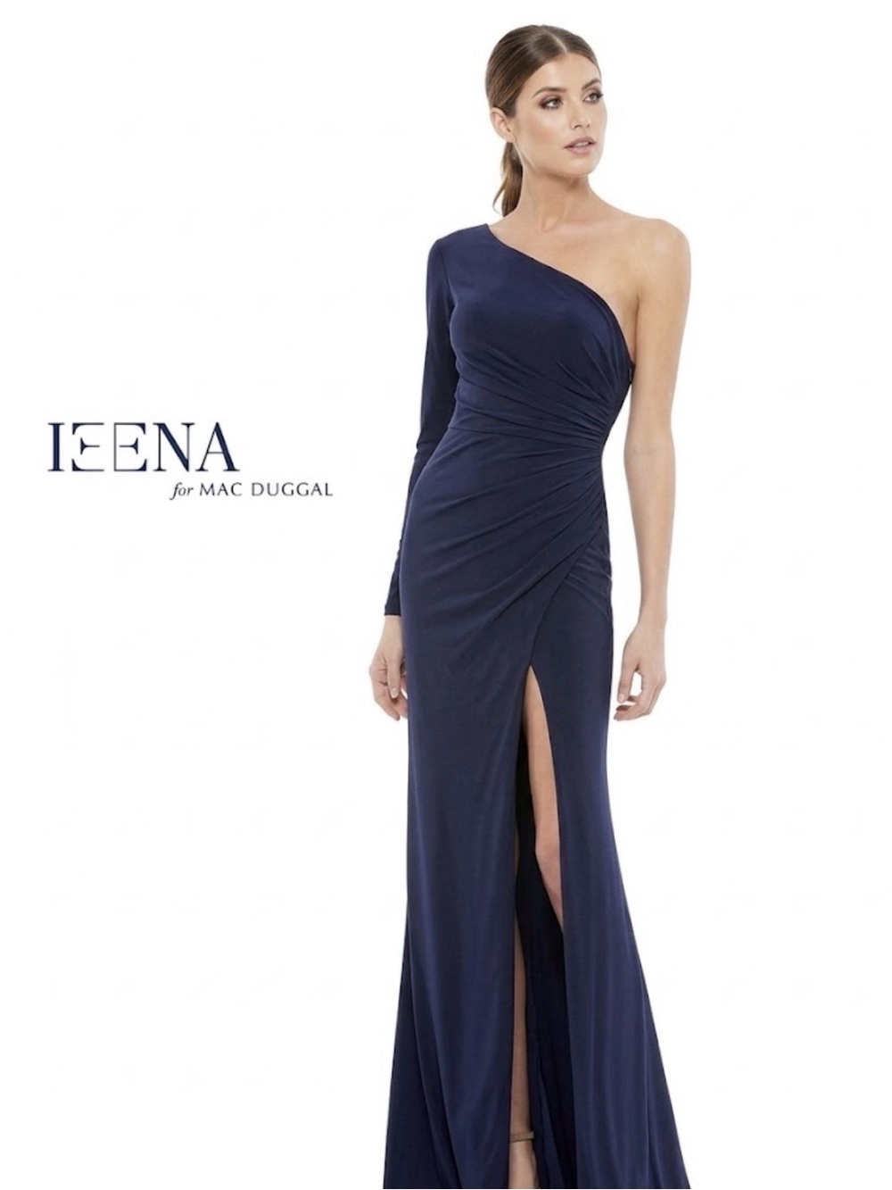 IEENA for Mac Duggal Navy One-Shoulder Ruched Gown, Size 6